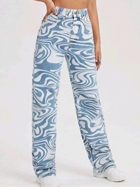 SHEIN Blue and White Swirl Print High Waisted Straight Leg Jeans - S